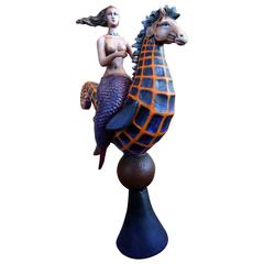 Whimsical Mermaid Riding Seahorse Sculpture by Sergio Bustamante