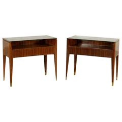 Two Bedside Tables Paolo Buffa Style Rosewood Veneer Glass Brass Vintage, 1950s