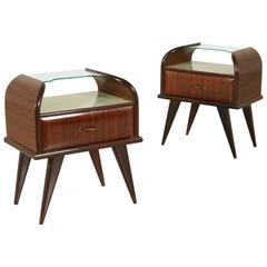 Two Bedside Tables Rosewood Veneer Glass Vintage Manufactured in Italy, 1950s