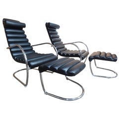 20th Century Italian Tubular Black Leather Lounge Chairs with Ottoman