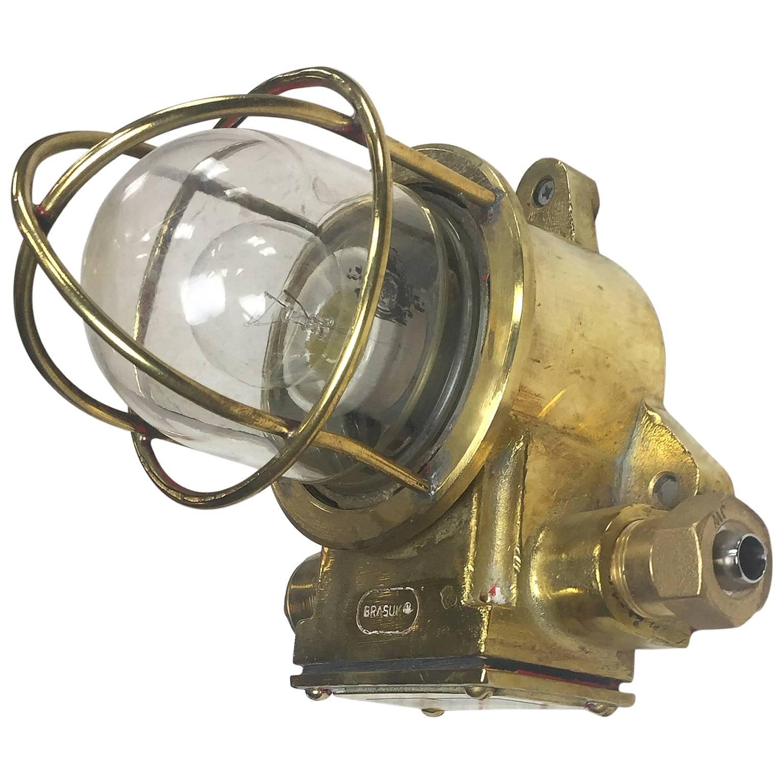 Late 20th Century British Made Brass Wall Light, Cage and Glass Dome - Marine