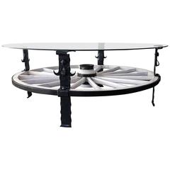 20th Century Glass Top Wooden Wagon White Wheel Accent Spanish Table 10