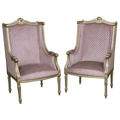 Pair of 19th Century French Louis XVI Gilded Armchairs ~ Bergeres