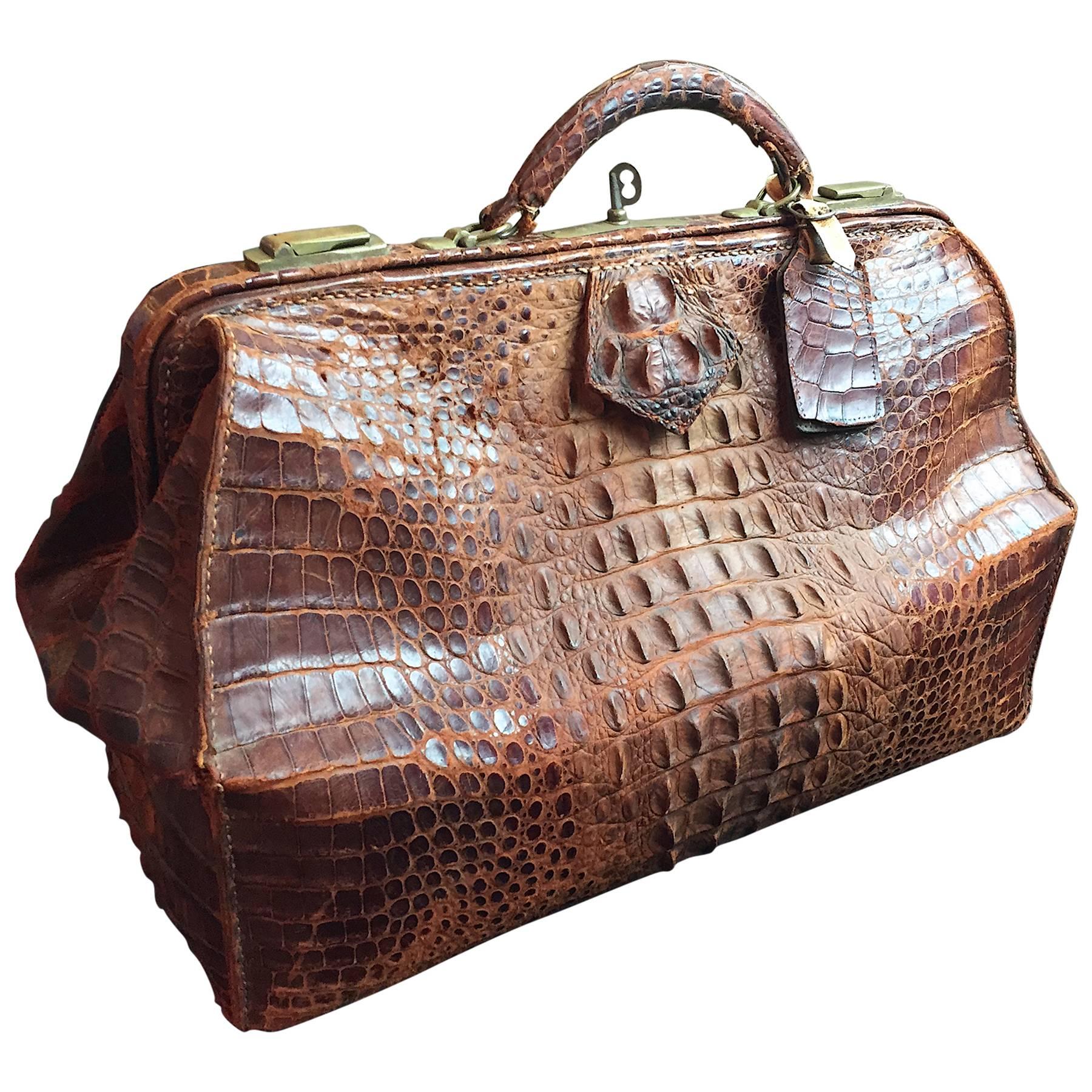 Victorian Crocodile Doctor's Hand Bag Luggage Lock Key