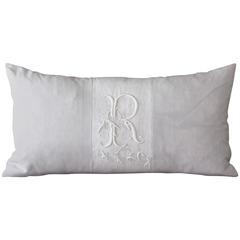 Medium Antique Linen and Embroidery Monogramed Bolster 'R'