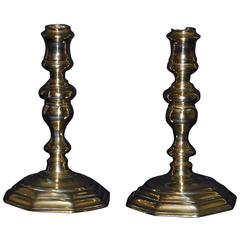 Pair of Early 18th Century Brass Octagonal Base Candlesticks