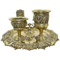 Antique Victorian Brass Inkwell and Writing Desk Set 8
