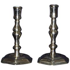 Pair of Early 18th Century Brass Candlesticks with a Hexagonal Foot