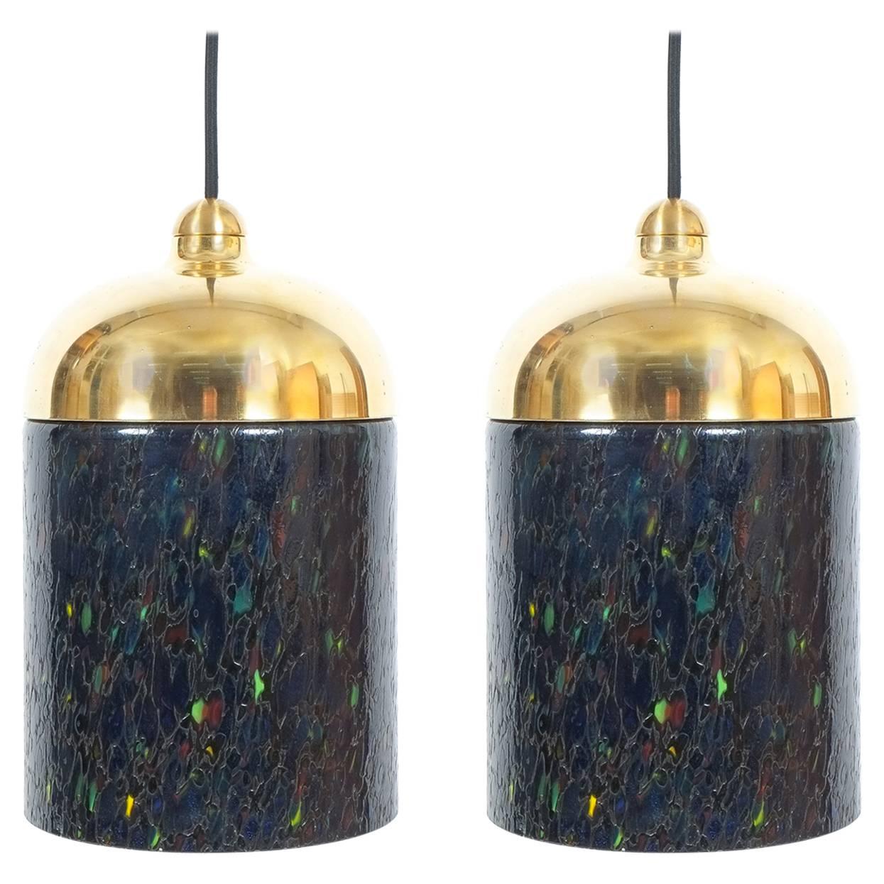 Pair Murano Glass and Brass pendants, circa 1970 For Sale