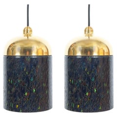 Pair Gae Aulenti Venini Murano Blue Green Glass Brass Pendants circa 1970