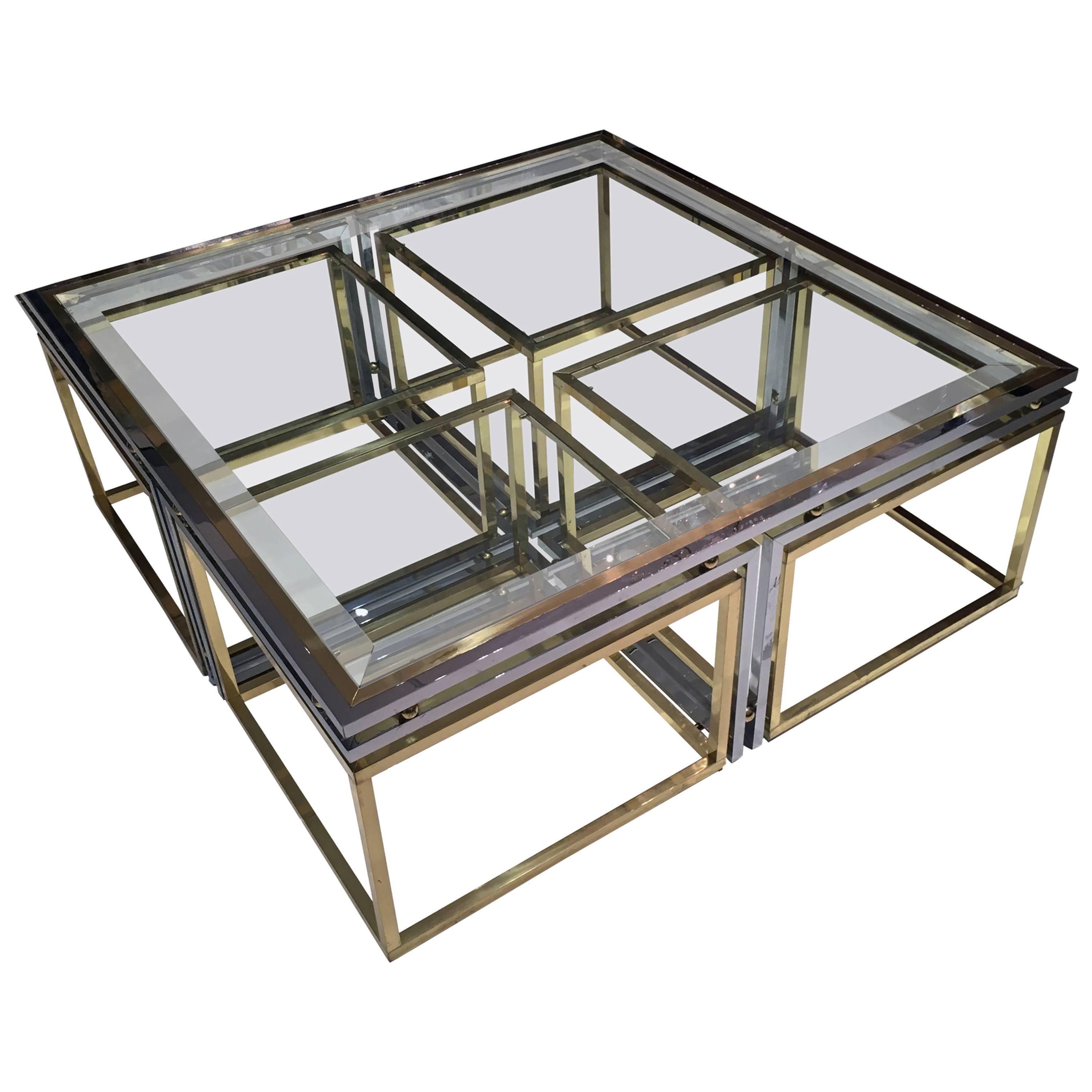 Italian Brass, Chrome and Glass Cocktail Table For Sale