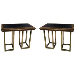 Pair of Italian Brass and Walnut Console Tables with Inlaid Leather Top
