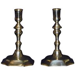 Pair of Early 18th Century Brass Candlesticks with an Octagonal Foot