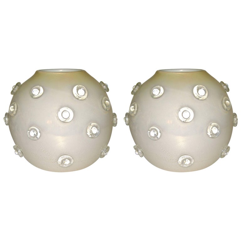 1980s Italian Pair Of Modern Iridescent White And Gold Murano