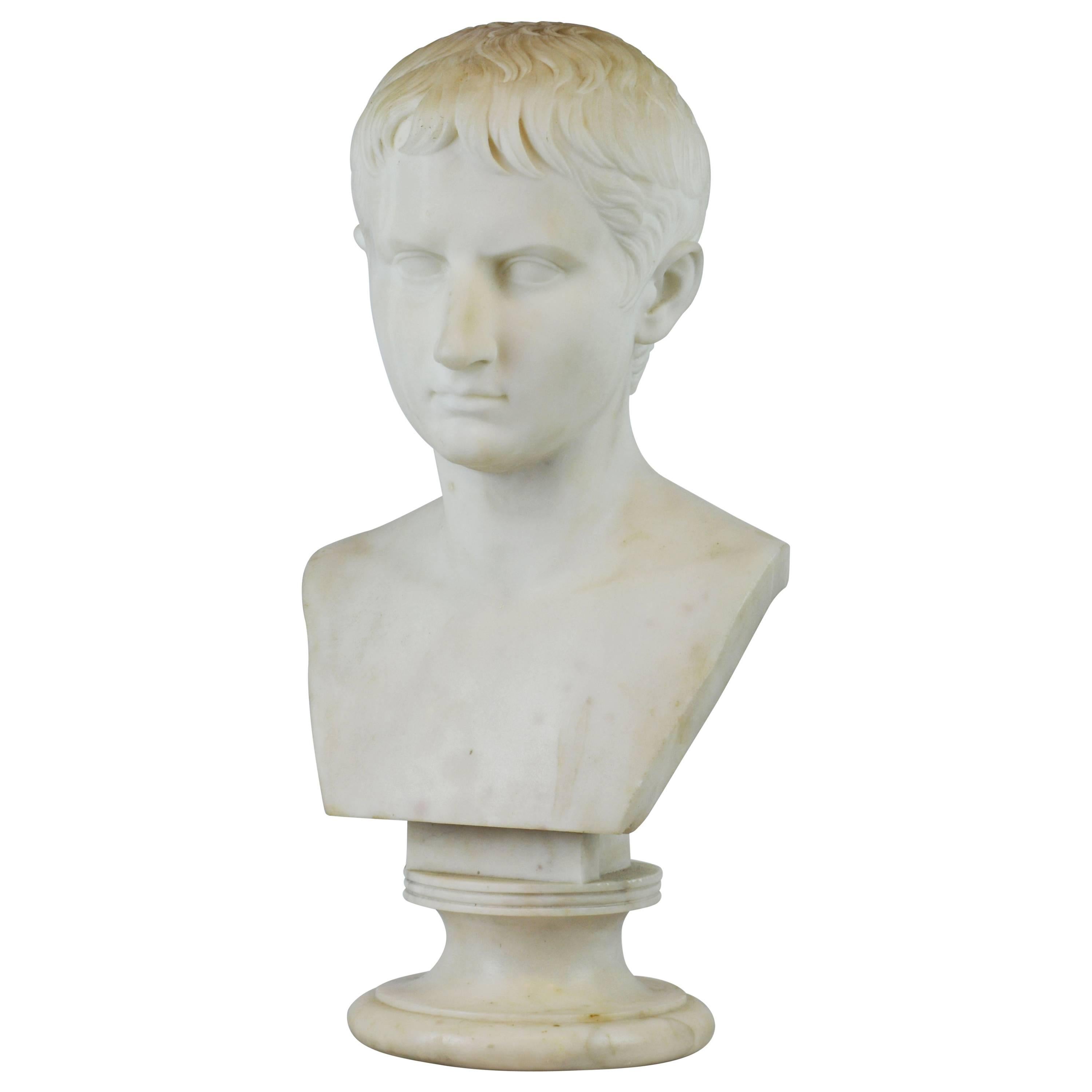 19th Century Carved Marble Bust of Young Octavian, Later Emperor Caesar Augustus
