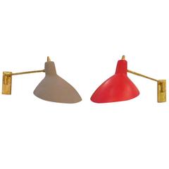 Painted Articulated Brass and Enamel Sconces