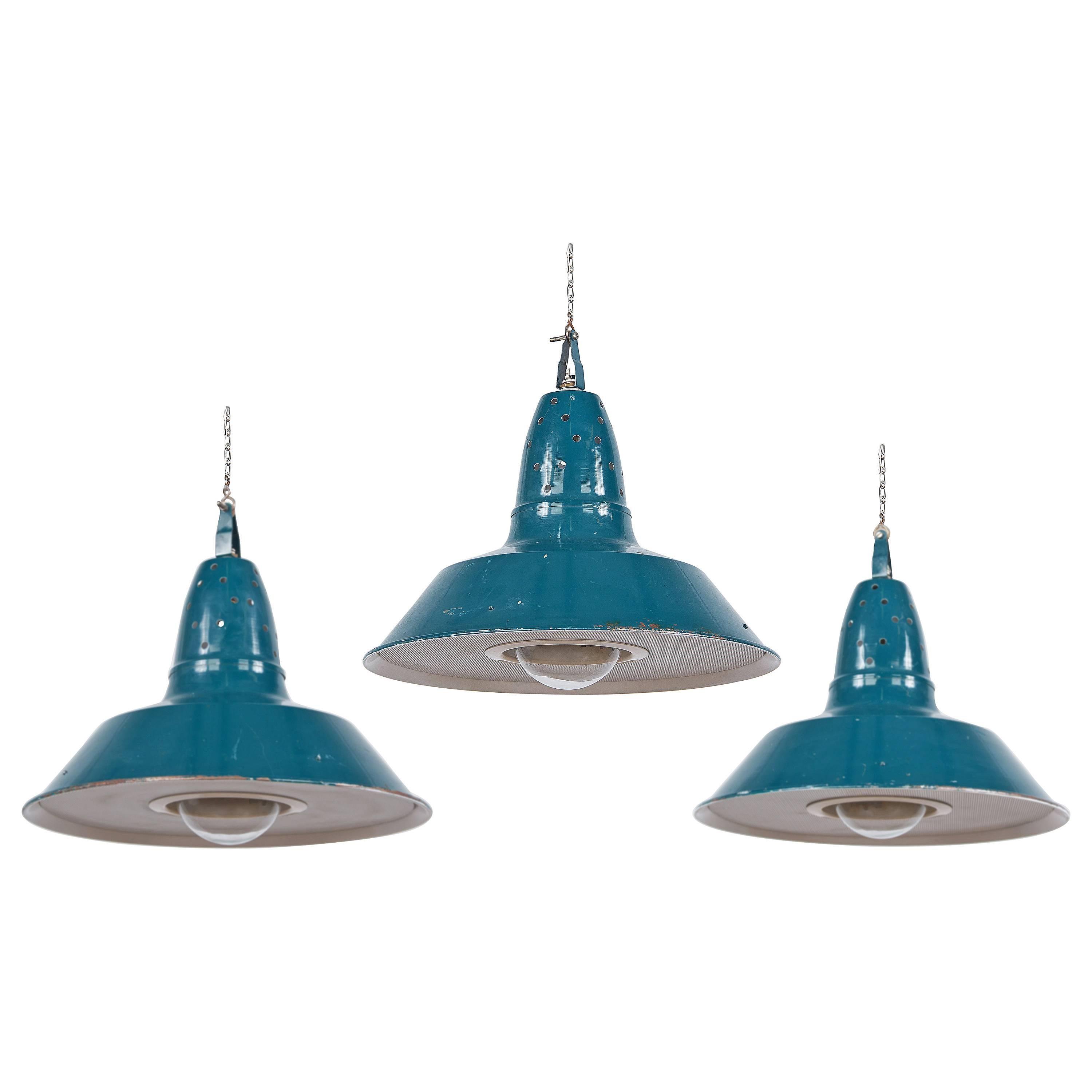 Set of Three French Industrial Metal Suspension Light, 1950s