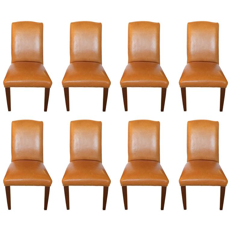 Eight Caramel Leather Dining Chairs, Camel Colored Leather Dining Chairs