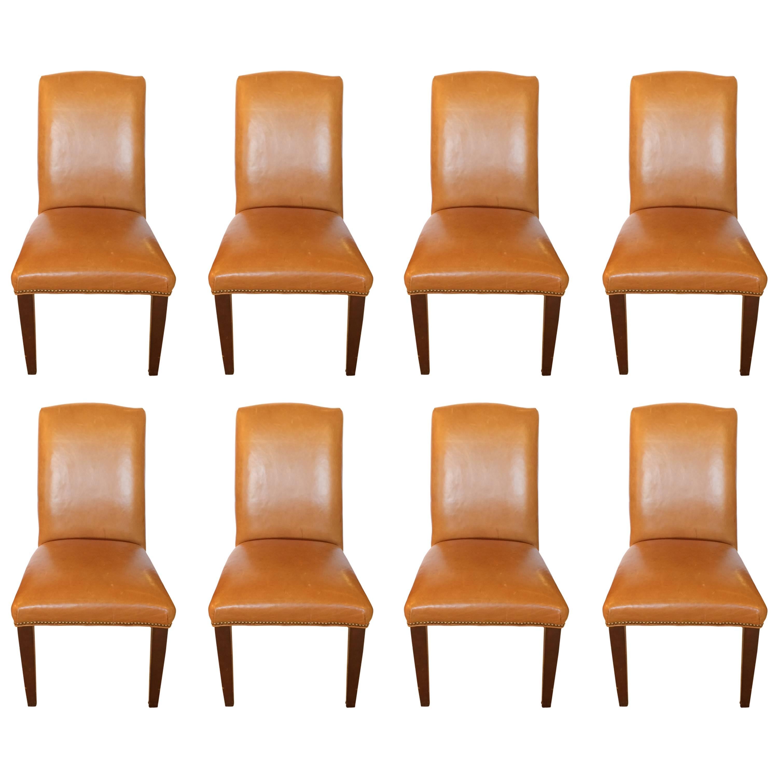 Set of Eight Caramel Leather Dining Chairs