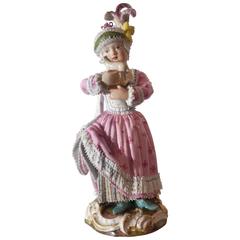 Antique Adorable Meissen Porcelain Figure of a Girl with Her Toy, 19th Century
