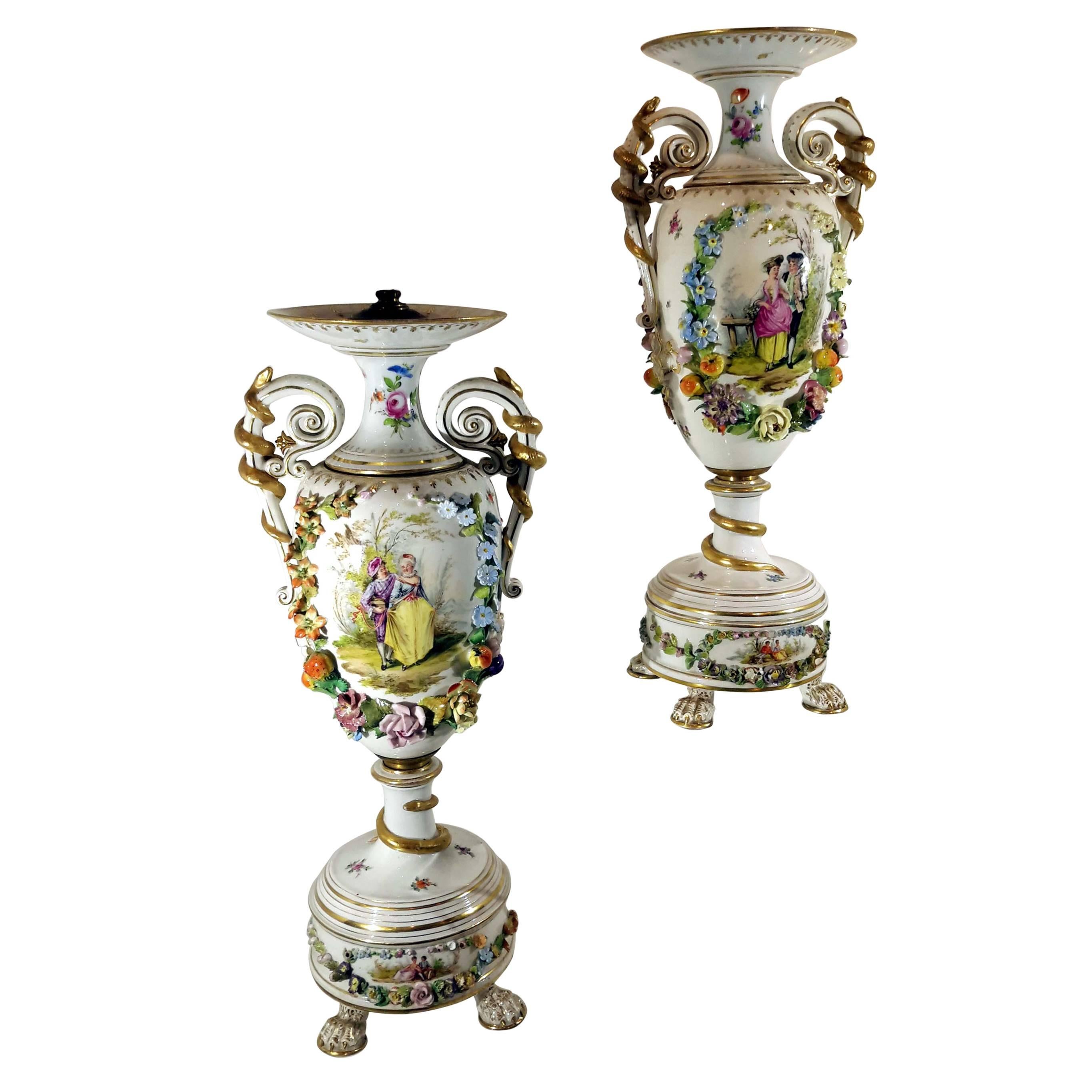 Pair of Highly Decorated Carl Thieme Dresden Porcelain Vases, 19th Century For Sale