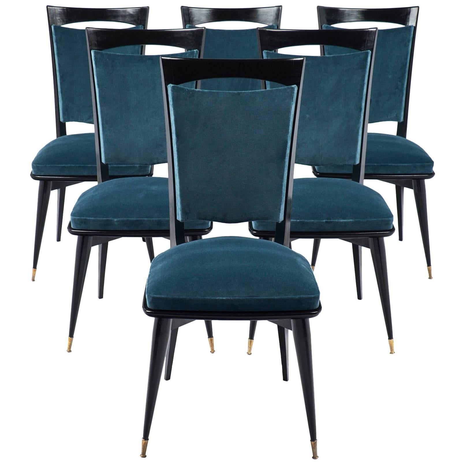 Mid-Century Modern Period Set of Six Teal Velvet Dining Chairs