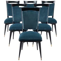 Retro Mid-Century Modern Period Set of Six Teal Velvet Dining Chairs