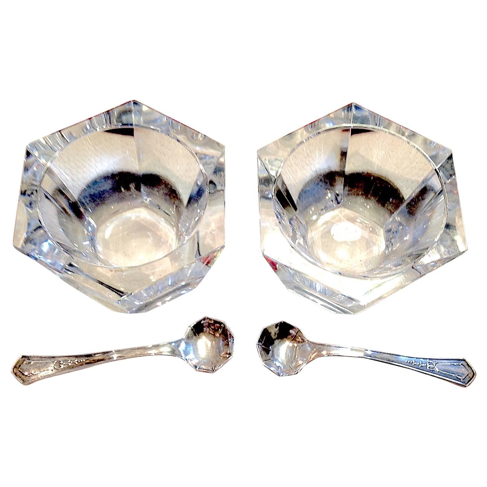 Pair of Baccarat Crystal Salt Cellars with Silver Spoon