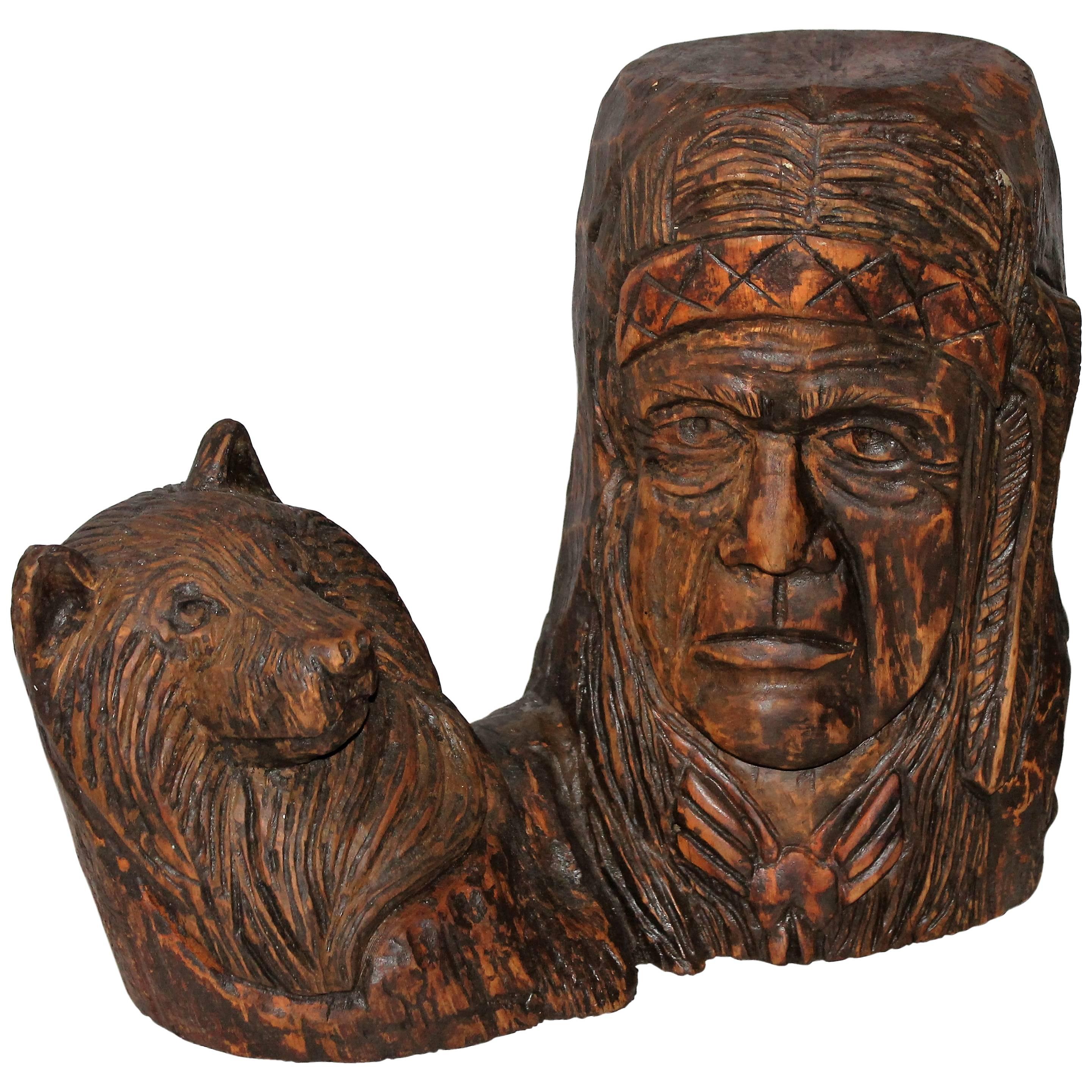 Hand-Carved Indian Chief and Baby Wolf For Sale
