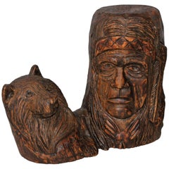 Hand-Carved Indian Chief and Baby Wolf