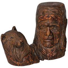 Hand-Carved Indian Chief and Baby Wolf 10