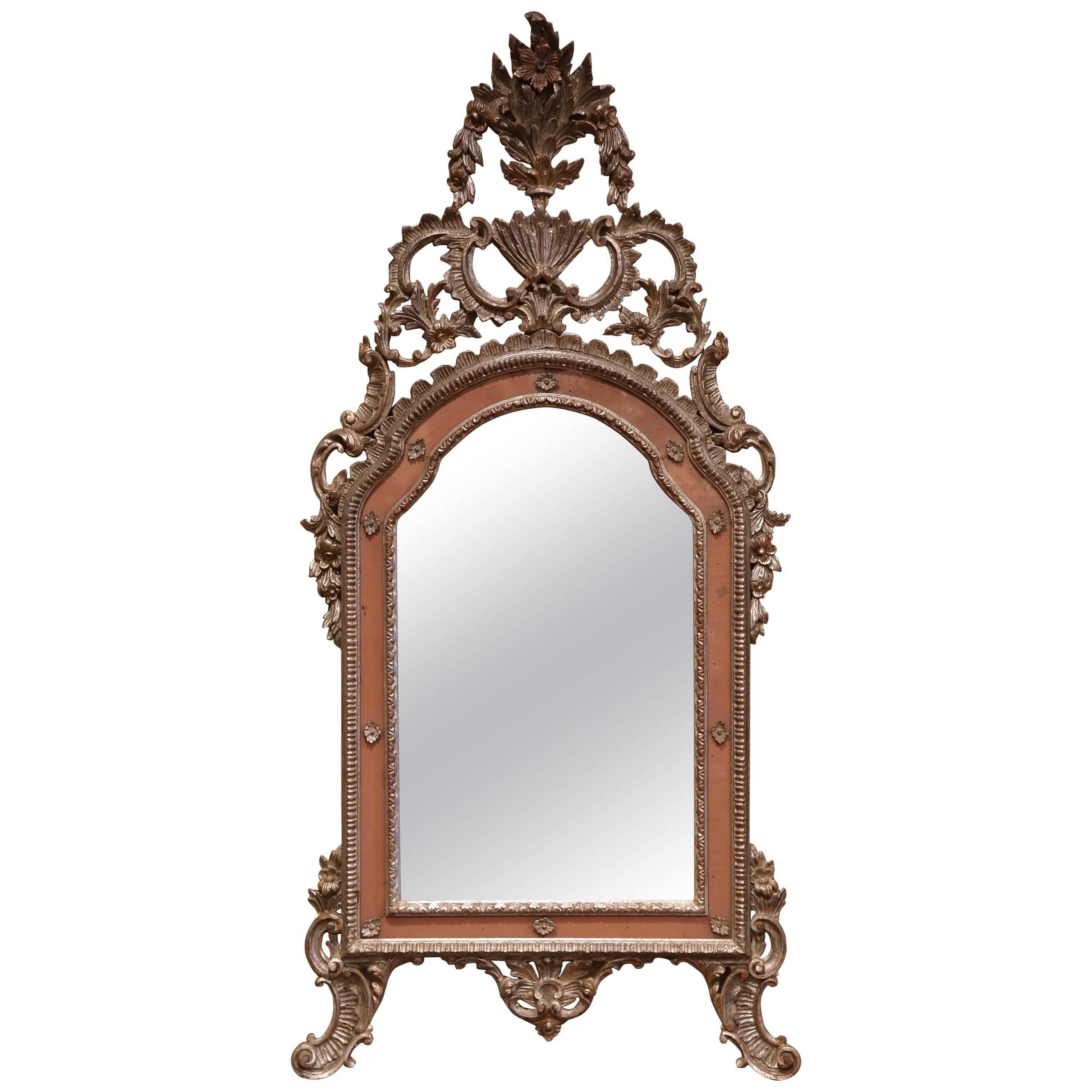 Mid-20th Century, Italian Carved Silver Leaf Mirror with Painted Coral Trim