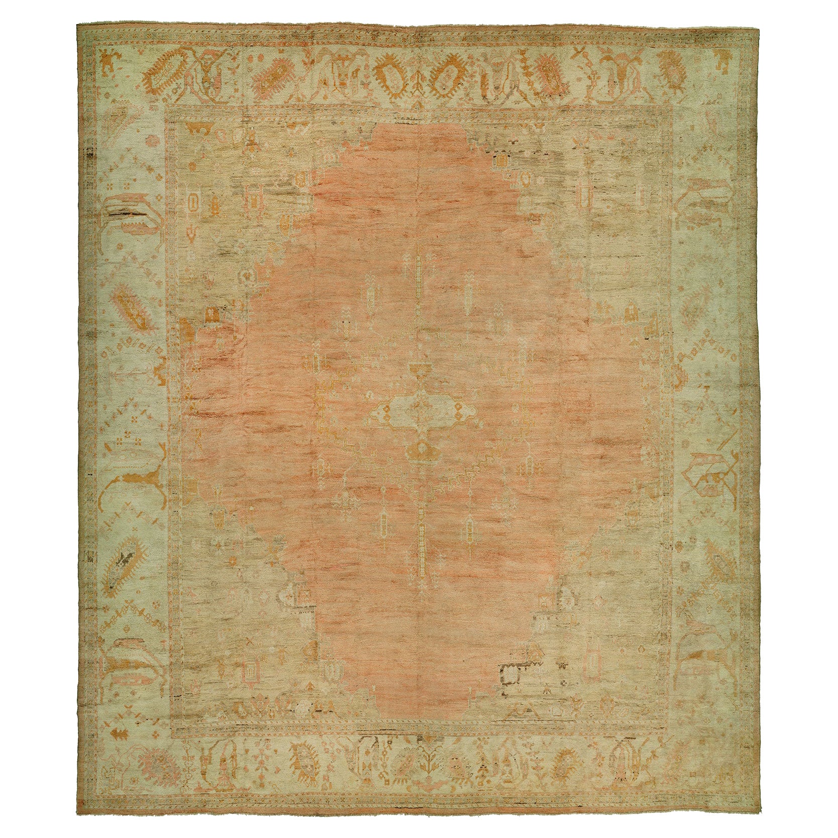 Large Square Soft Peach Antique Turkish Oushak Rug For Sale