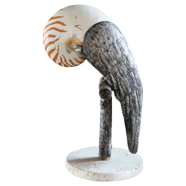 Shell Form Parrot with Sterling Body and Perch