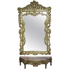 Italian Monumental Gold Leaf Mirror and Marble-Top Console