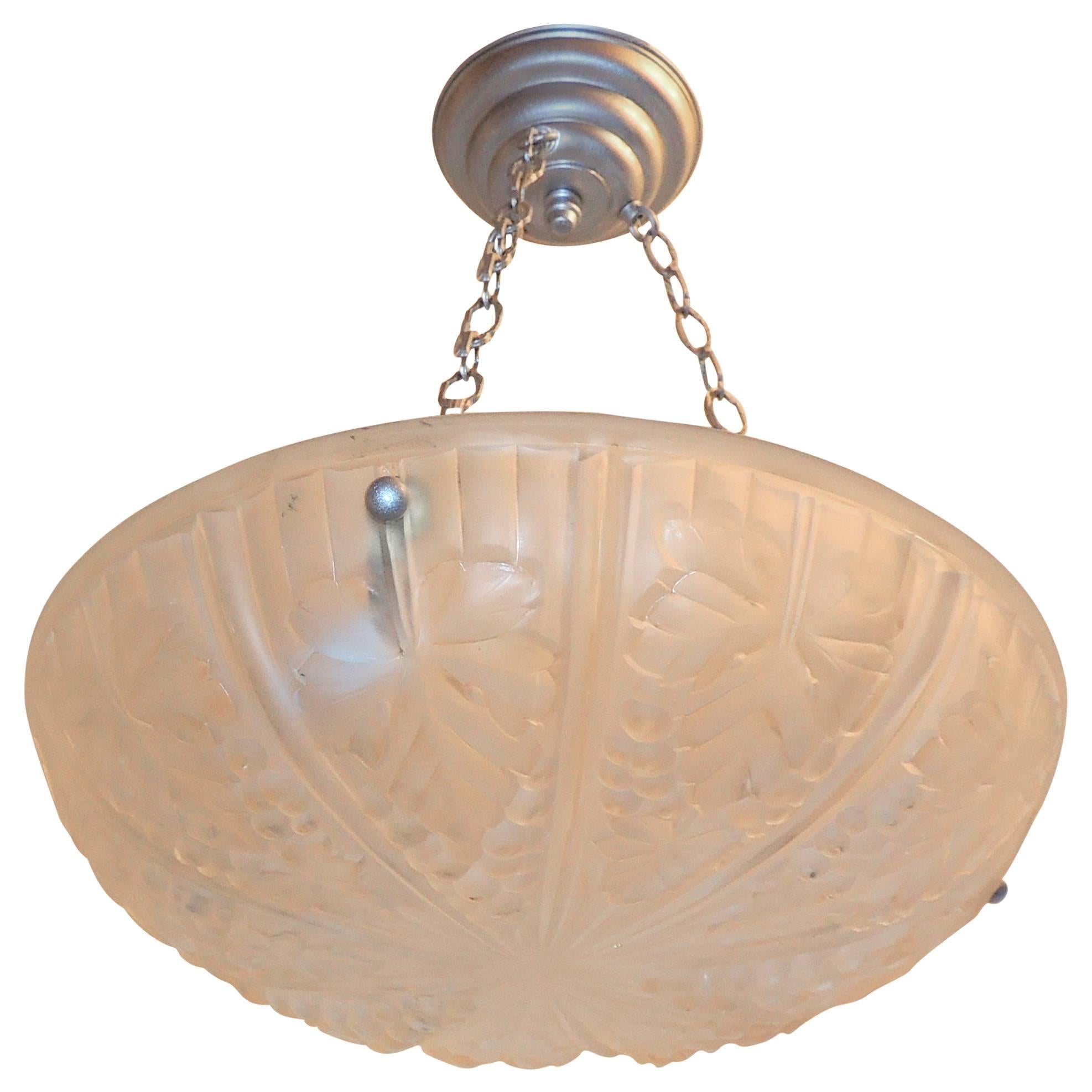 Wonderful French Art Deco Silver Frosted Glass Three-Light Chandelier Fixture