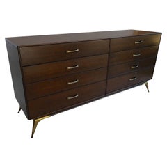 1960s RWAY Brown Wood Dresser or Sideboard with Brass Accents