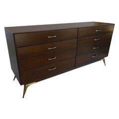 1960s RWAY Brown Wood Dresser or Sideboard with Brass Accents