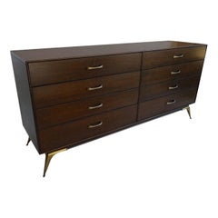 1960s, RWAY Brown Wood Dresser or Sideboard with Brass Accents