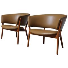 Pair of Leather and Teak Lounge Chairs by Nanna & Jorgen Ditzel