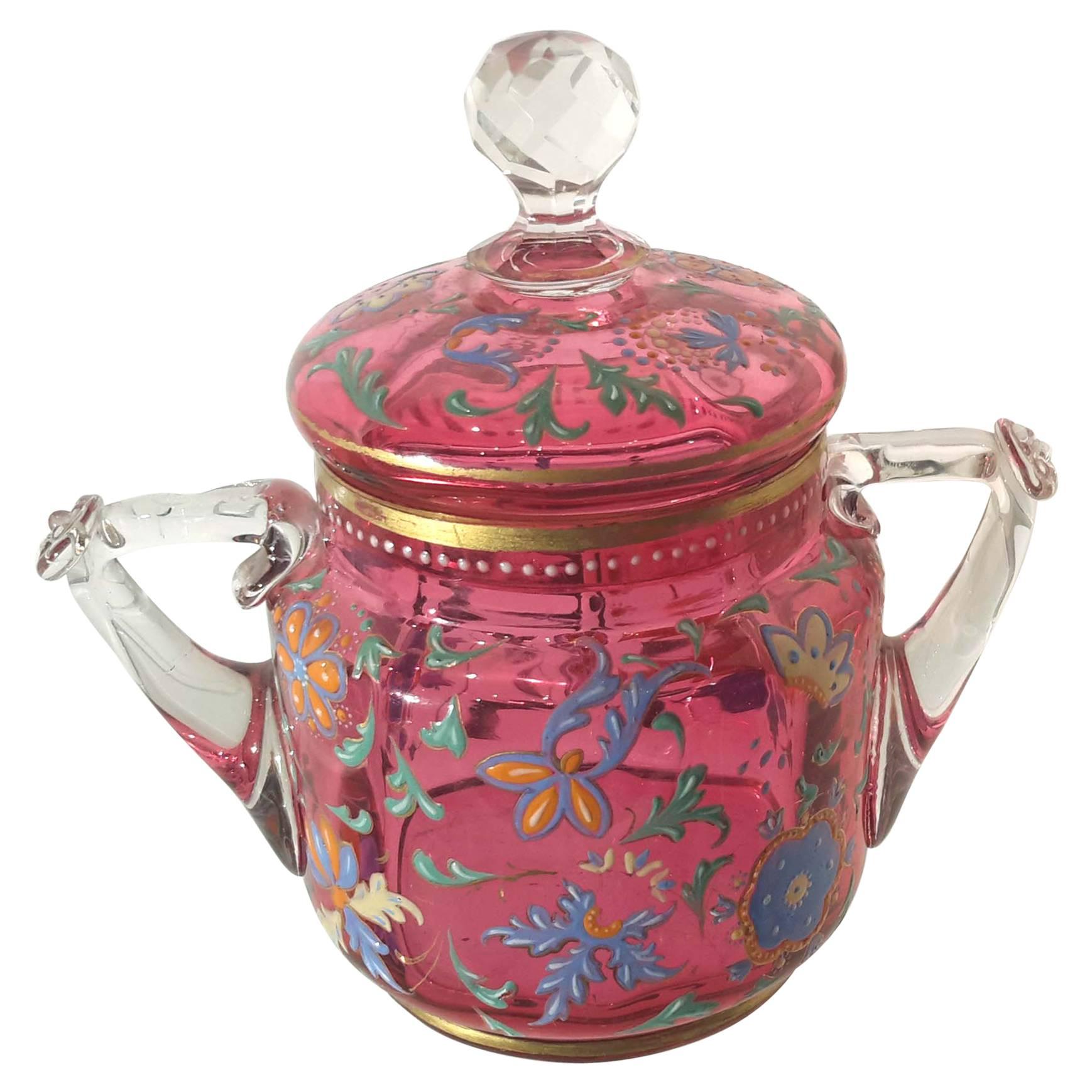 Moser Factory Enameled Cranberry Glass  Covered Jar, 19th Century For Sale