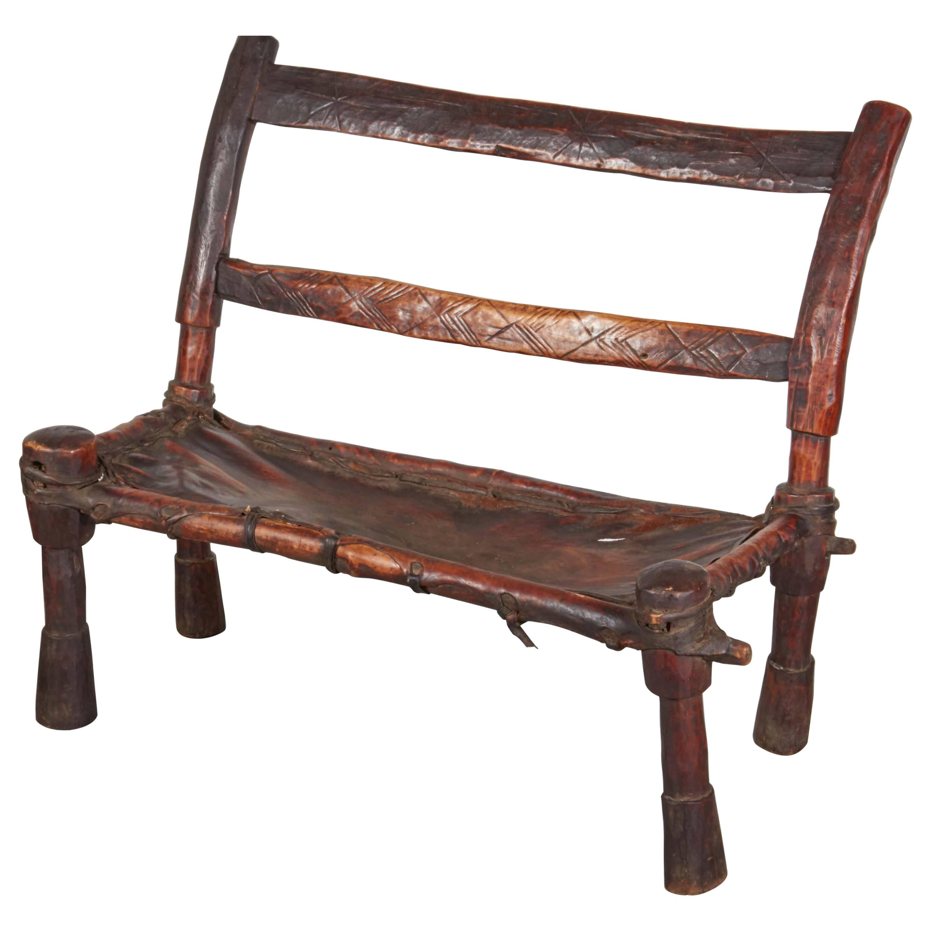 Antique Wood and Leather Bench with Great Patina and Clean Lines For Sale