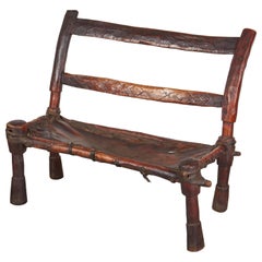 Antique Wood and Leather Bench with Great Patina and Clean Lines