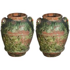 Pair of Terracotta Oil Jars with Green Glaze, 18th Century