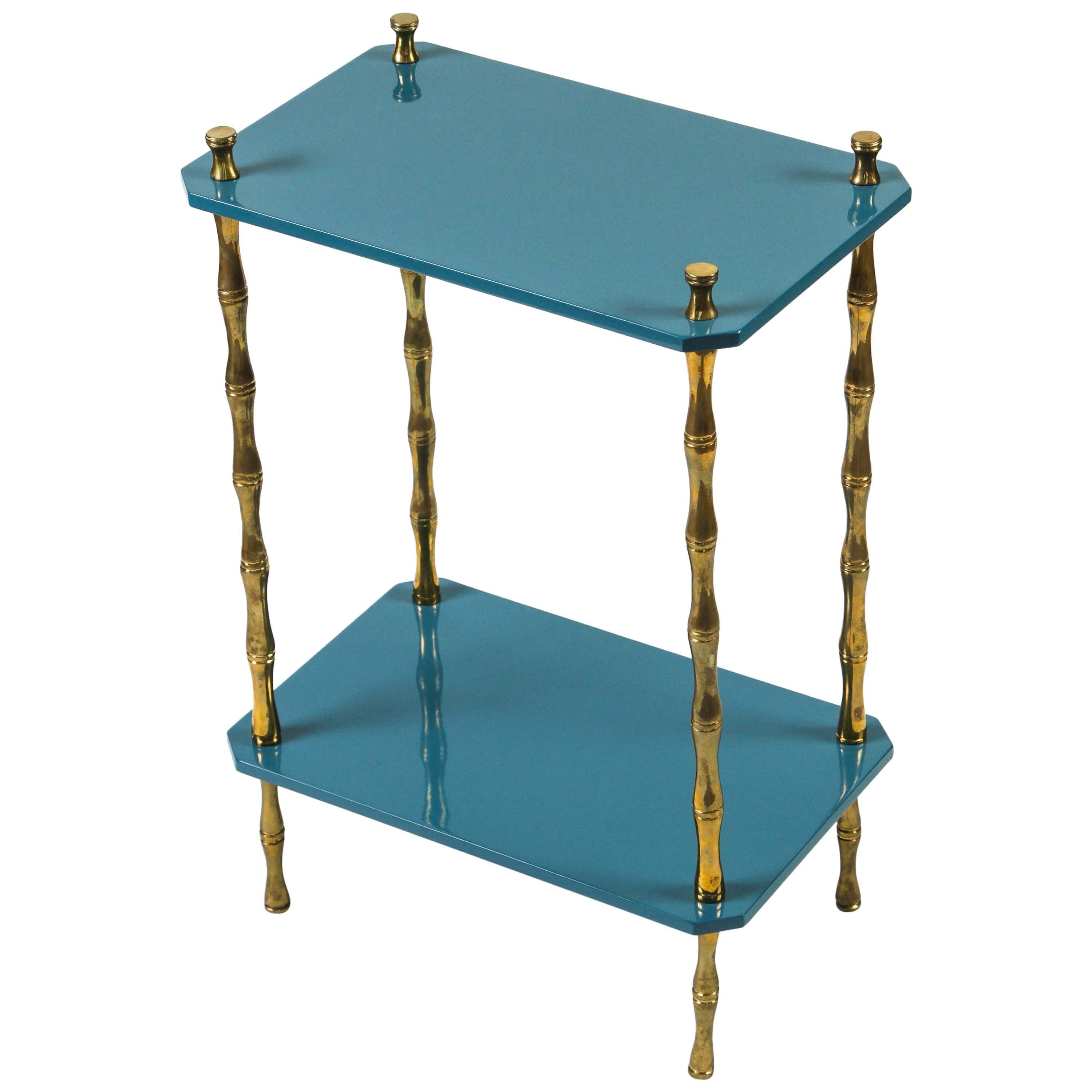 Hollyhock "Freddie" Drinks Table in Teal Blue with Brass Bamboo Legs