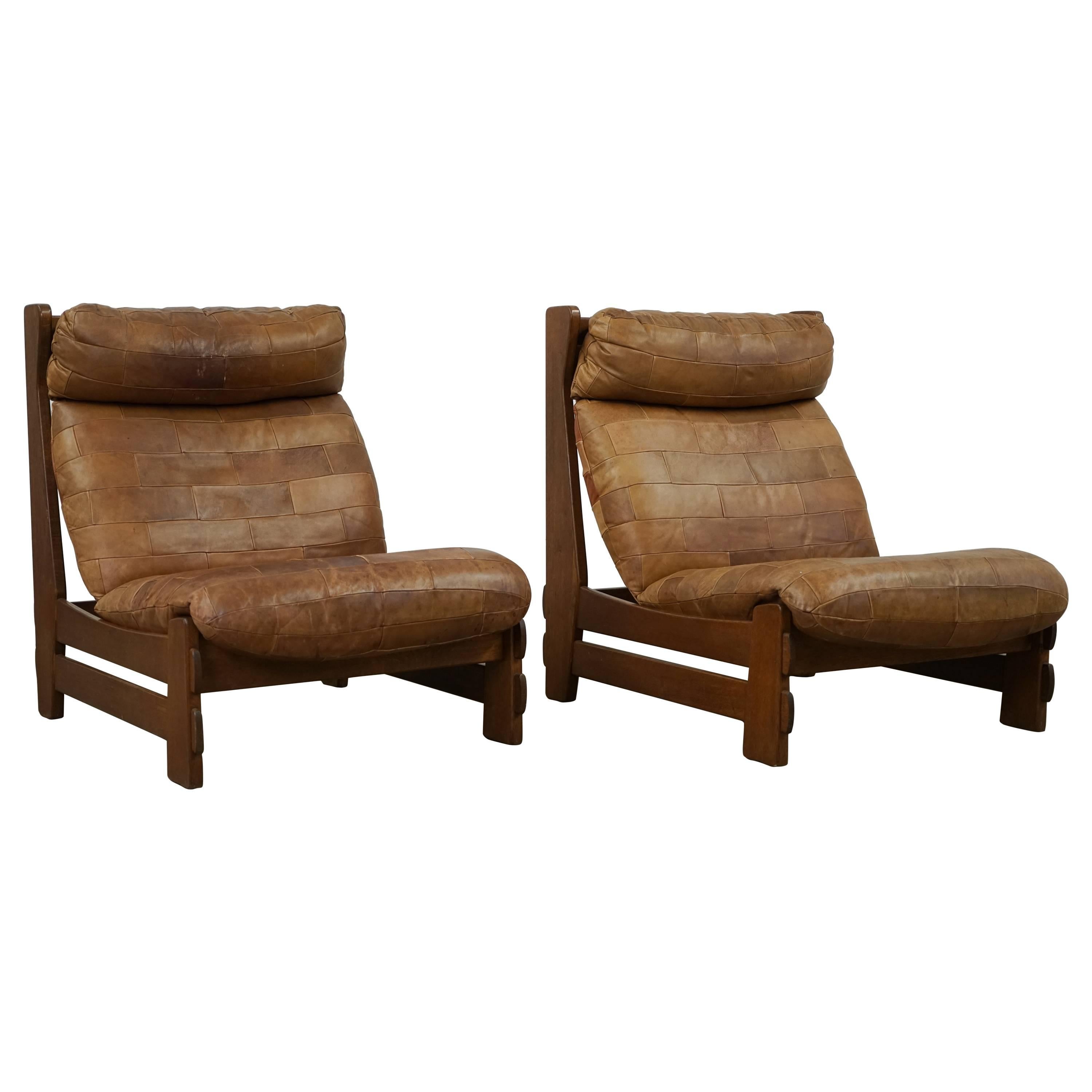 Pair of 1970s De Sede Patchwork Leather and Oak Sipper Chairs