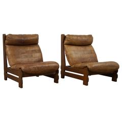 Pair of 1970s De Sede Patchwork Leather and Oak Sipper Chairs 1