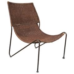 Woven Rattan and Wrought Iron Slipper Lounge Chair