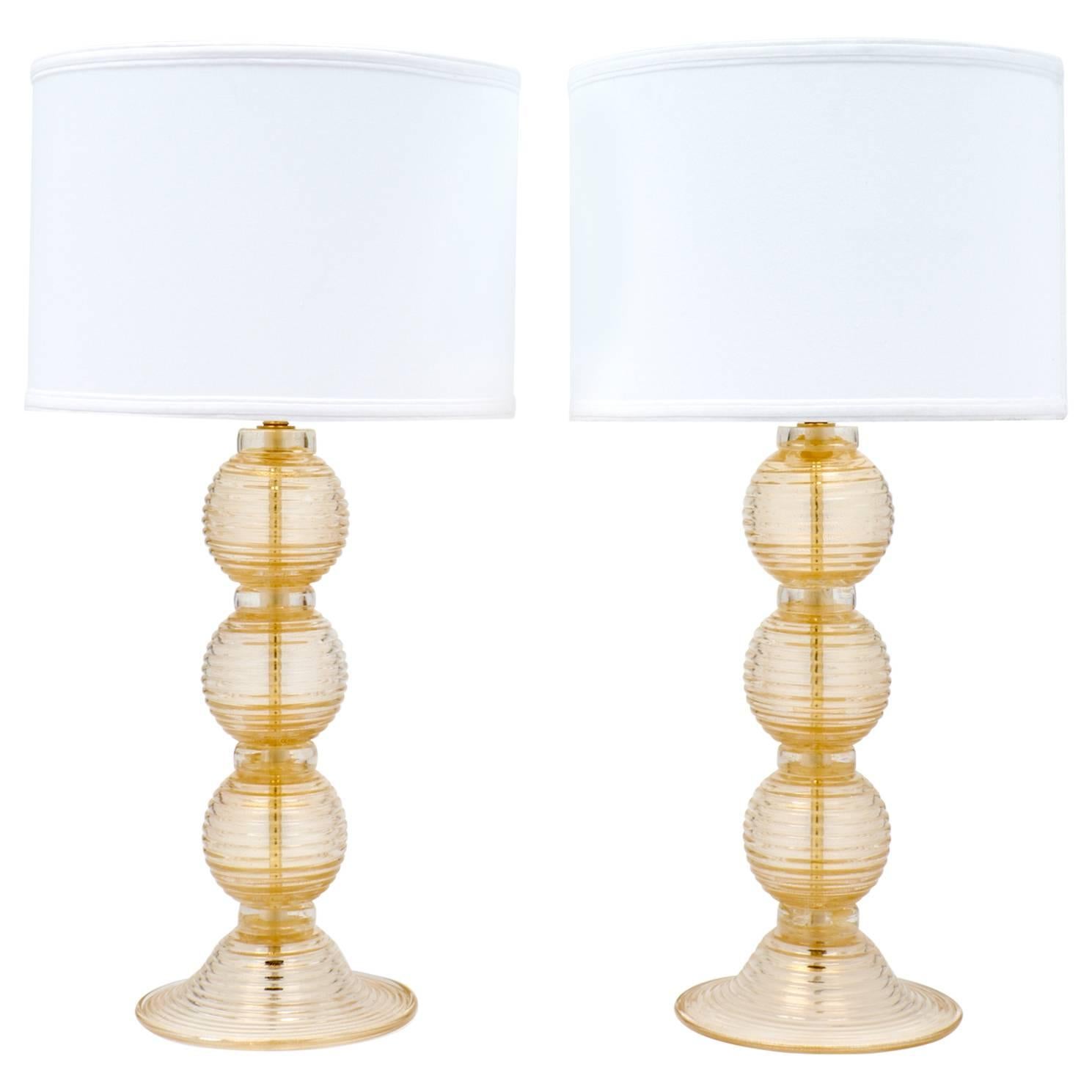 Paar geriffelte Muranoglas-Tischlampen "Avventurina"