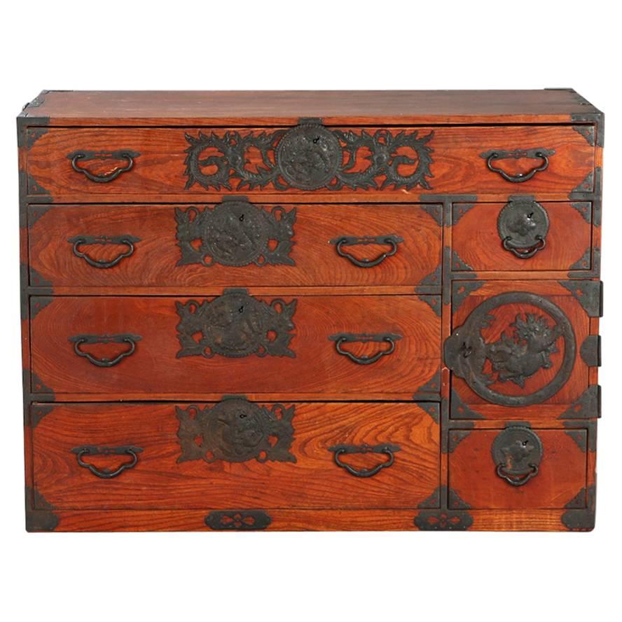 Japanese Elmwood "Tansu" Chest of Drawers with Elaborate Mounts